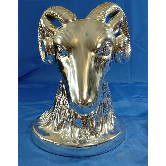Silver Metallic 12.5" Ceramic Ram Head Bust Statue Sculpture Rustic Man Cave LA - Picture 2 of 9